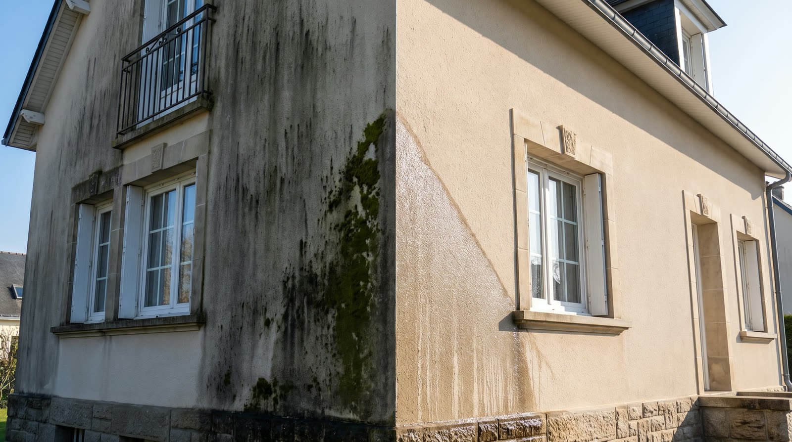 Une façade à moitié nettoyée, la moitié gauche encore noircie et la moitié droite revenue claire